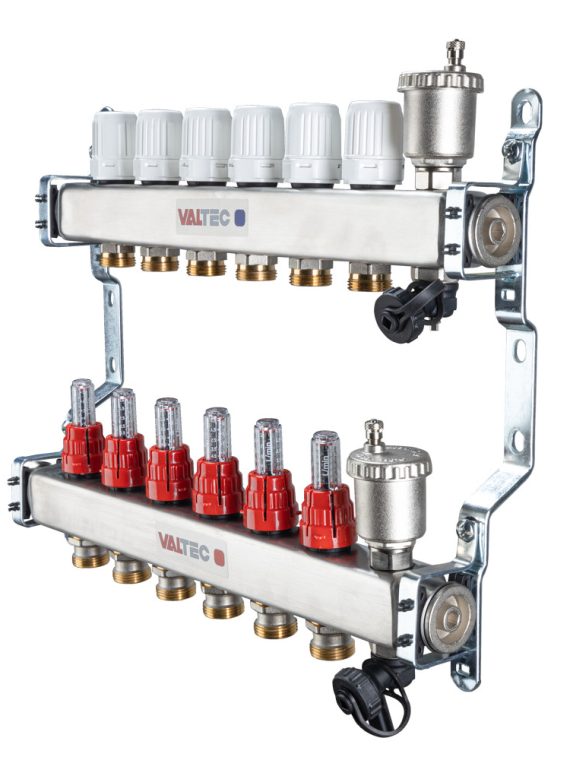 Коллект. блок VALTEC, из нерж. стали с регулир. клапанами и расходомерами, 1"х5 вых. Евроконус 3/4"
