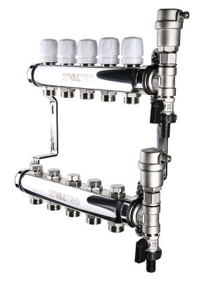 Коллект. блок VALTEC, из нерж. стали с регулир. и балансировочн. клапанами, 1"х4 вых. Евроконус 3/4"