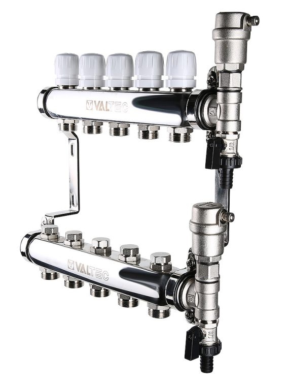 Коллект. блок VALTEC, из нерж. стали с регулир. и балансировочн. клапанами, 1"х4 вых. Евроконус 3/4"